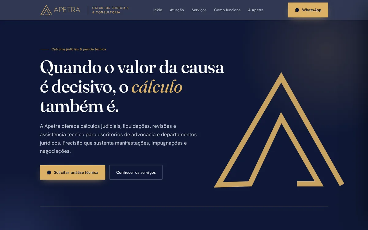 Página inicial do site da Apetra, cálculos judiciais, no computador