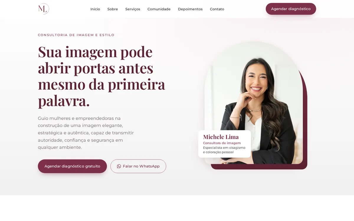 Página inicial do site de Michele Lima, consultora de imagem, no computador